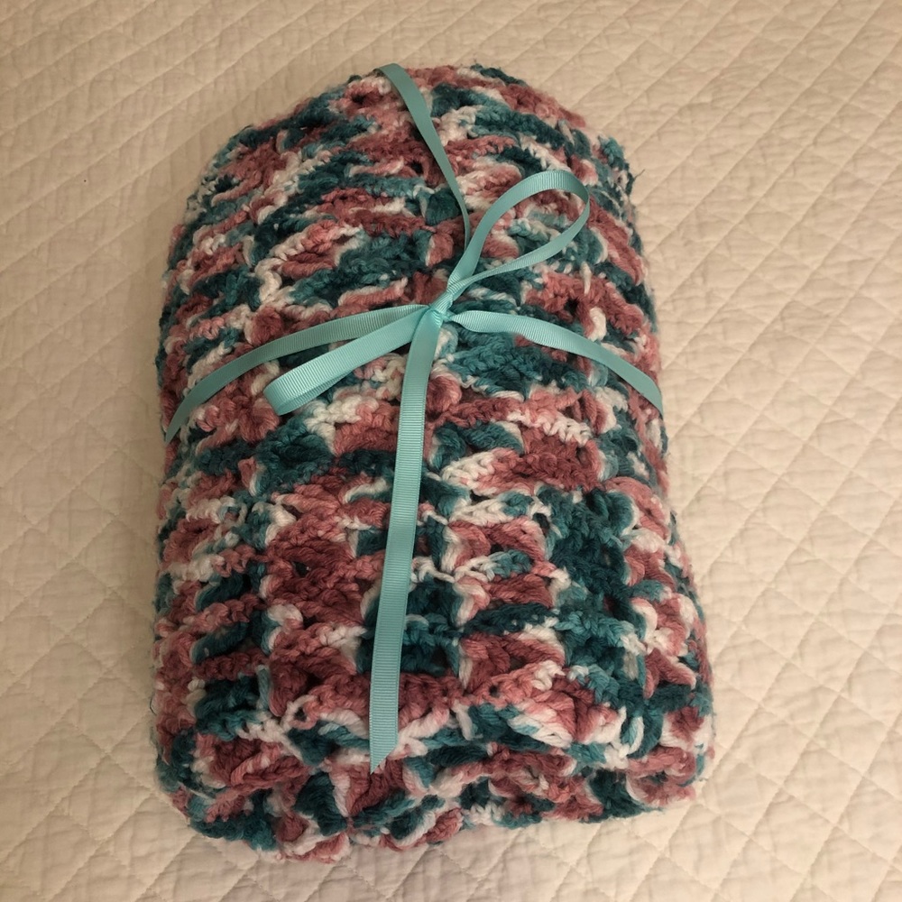 Handmade Crocheted Teal and Pink Blanket - Picture 1 of 7